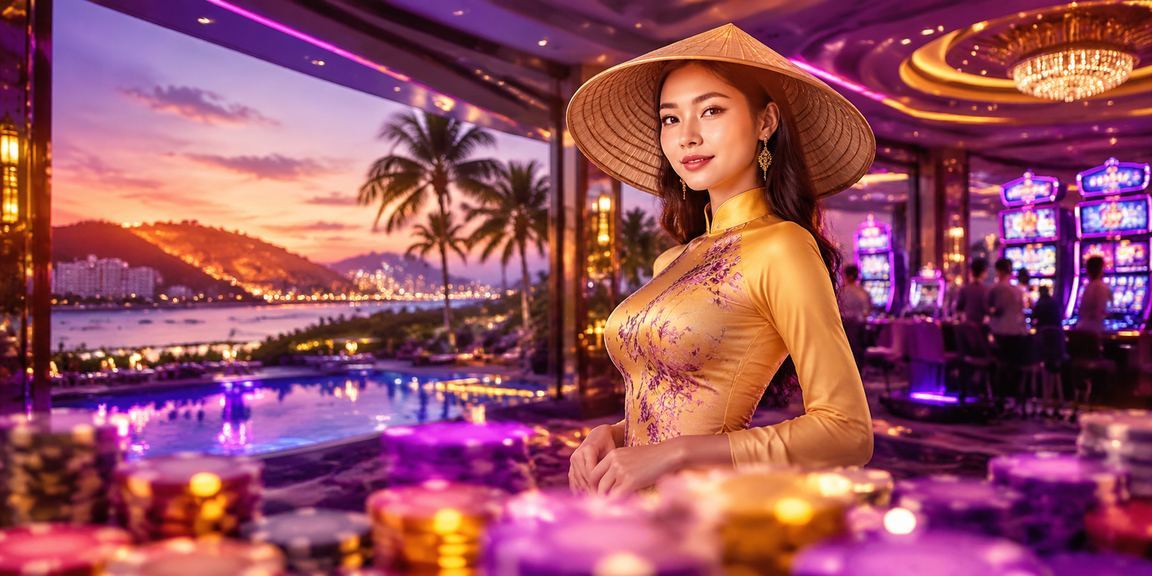 Người chơi Slots tại Mũi Né đội nón lá, trải nghiệm game giải trí trực tuyến bên bãi biển